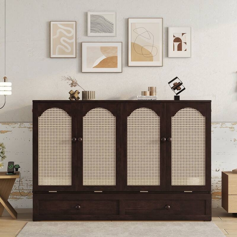 Queen Size Murphy Bed with Large Drawer, Pinewood Wall Cabinet Bed Frame with Power Station and Rattan Decoration Panel