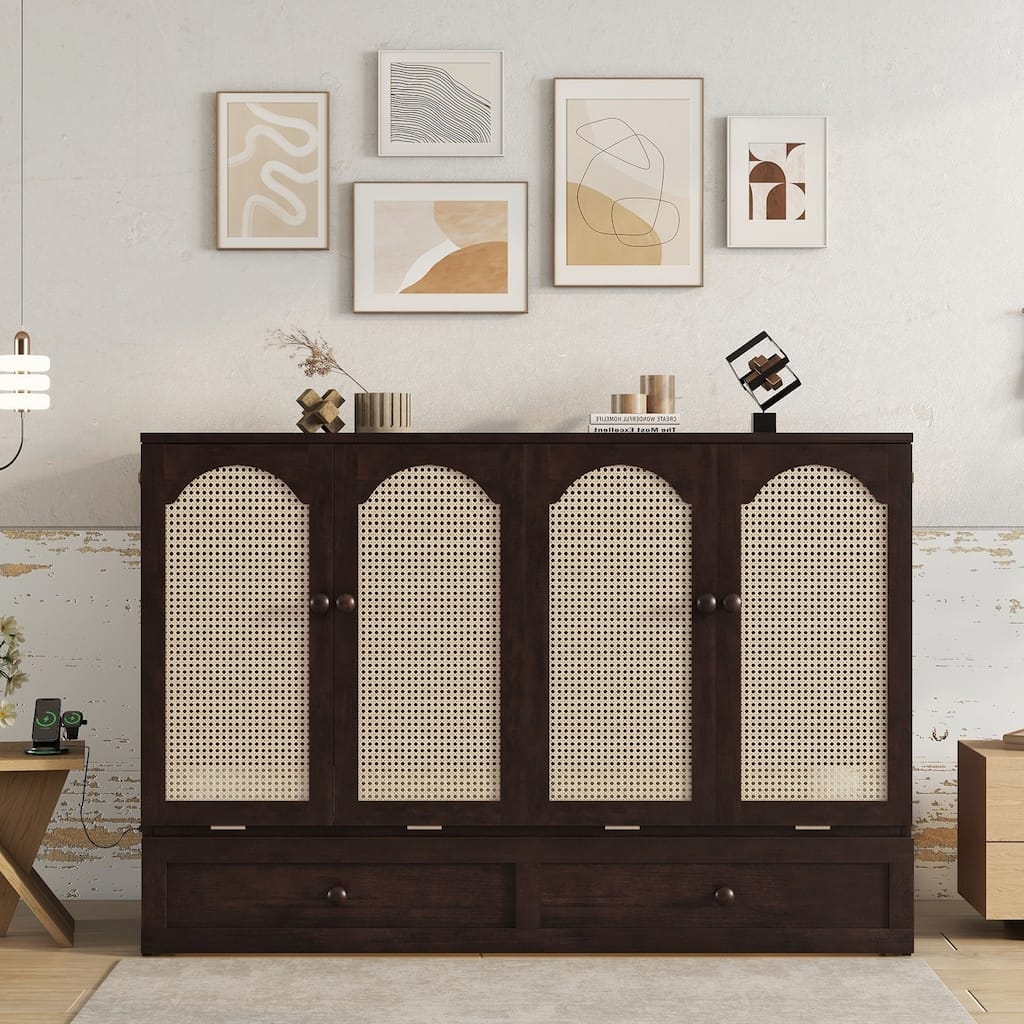 Queen Size Pine Wood Cabinet Bed with Power Station and Rattan Decoration, Espresso
