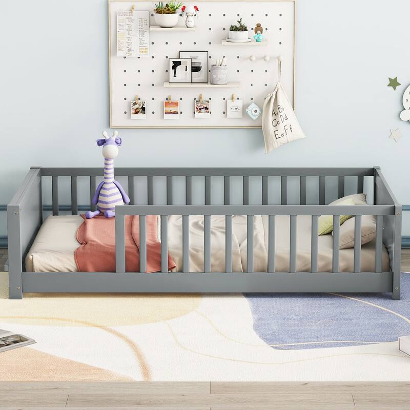 GDFStudio - Kensington Twin Floor Platform Bed with Built-in Book Storage Rack and Guardrails