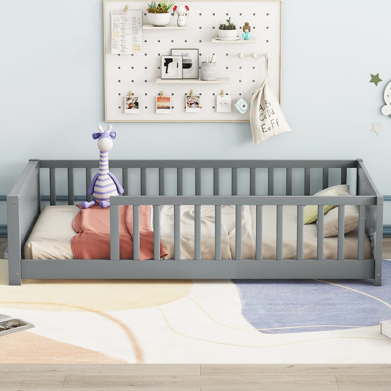 Twin Size Pine Wood Floor Platform Bed with Fence