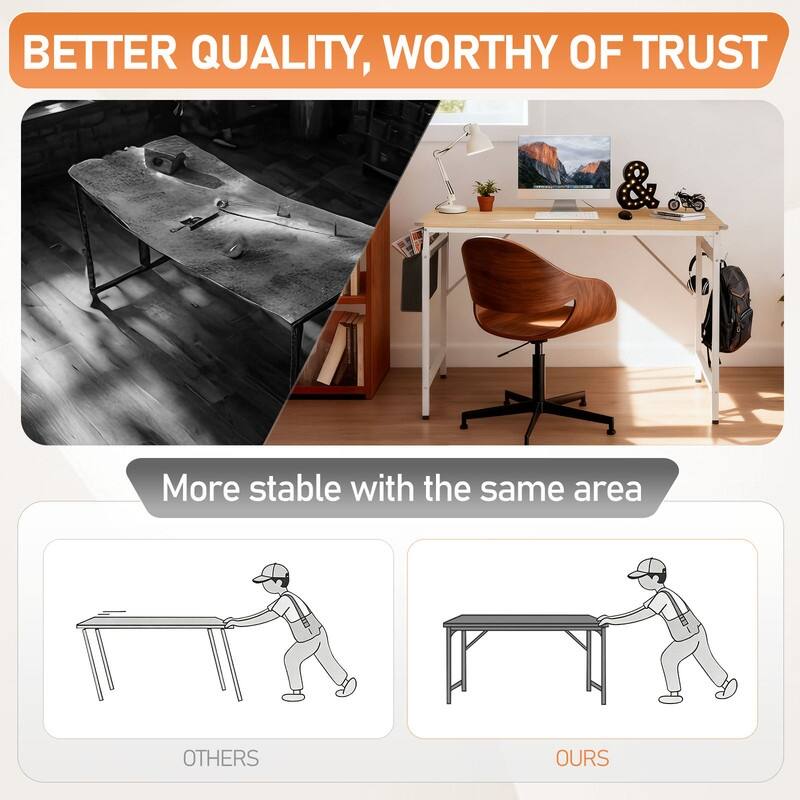 47.2” Computer Desk for Home Office - Study Writing Desk with Storage, Side Hooks & Adjustable Feet