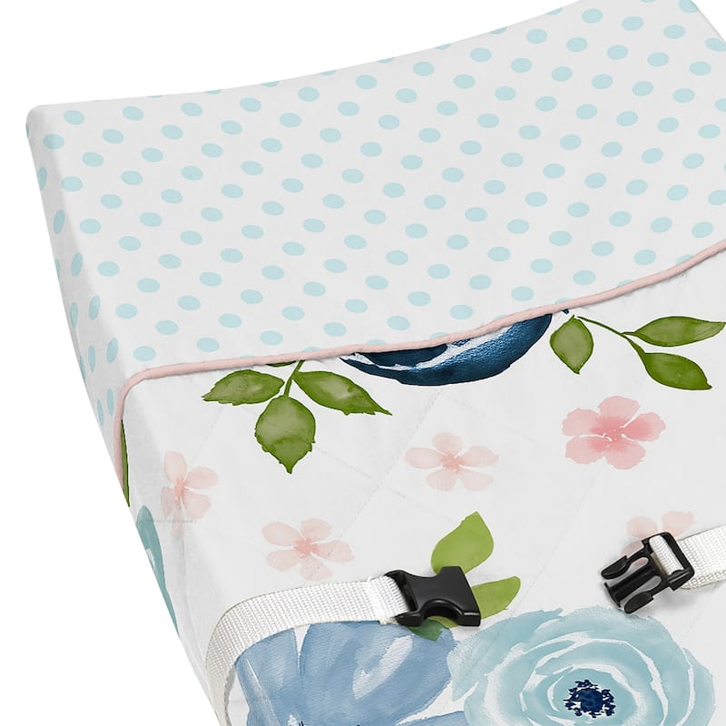 Navy Blue Pink Watercolor Floral Girl Changing Pad Cover - Blush Green White Shabby Chic Flower Polka Dot