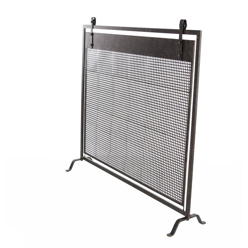 Black Metal Suspended Grid Single Panel Geometric Fireplace Screen with Bolted Detailing
