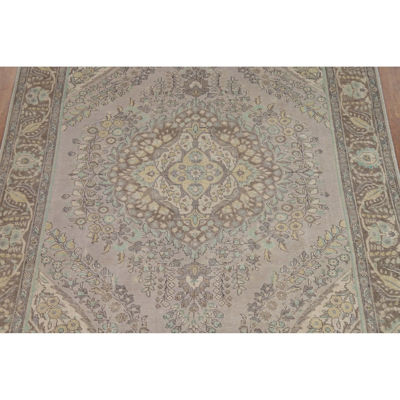 Gray Medallion Tabriz Persian Vintage Rug Hand-Knotted Wool Carpet - 7'10" x 10'9"