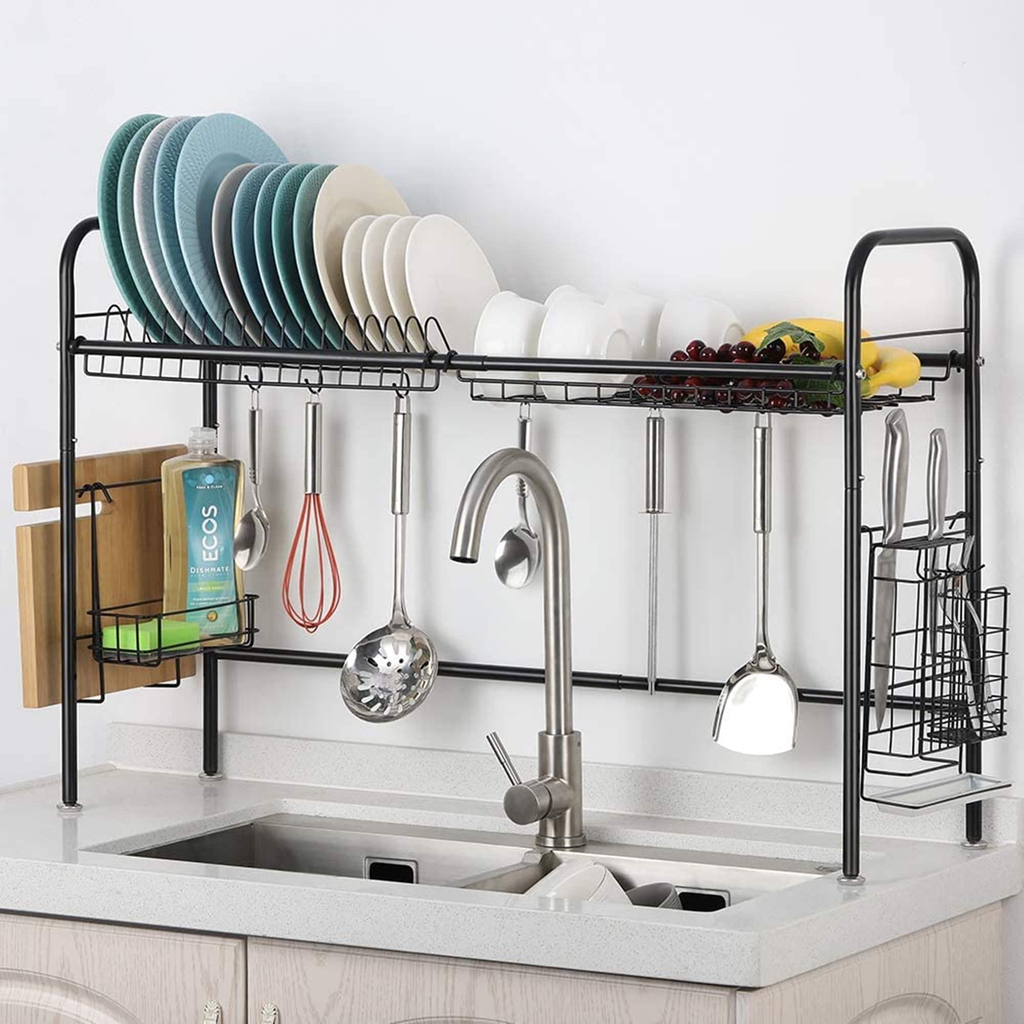 2 Tier Adjustable Over Sink Dish Drying Rack with 8 Hooks - Costway