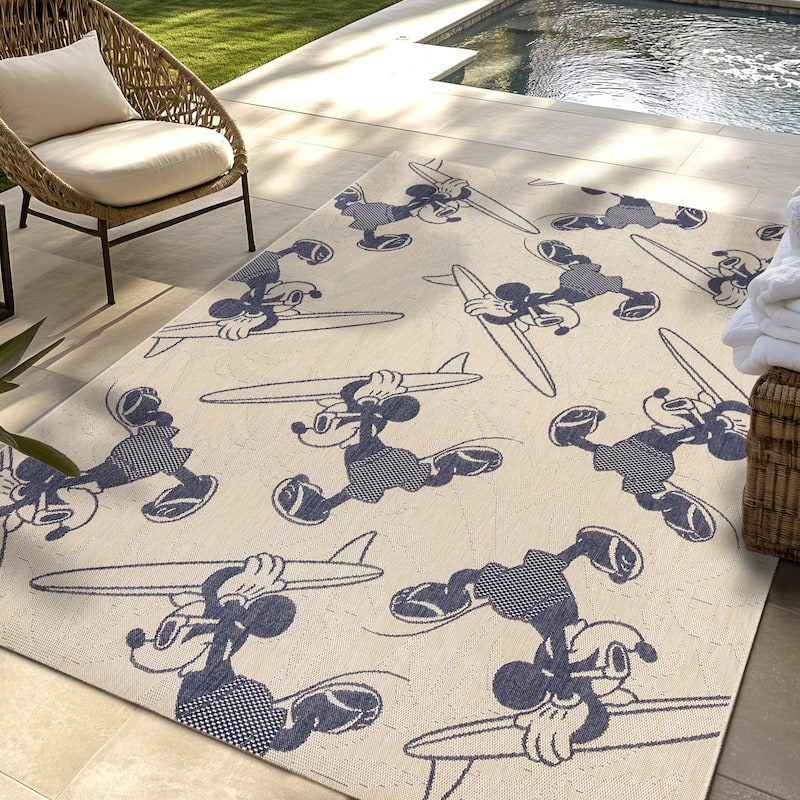 Disney Licensed Mickey Mouse Indoor Outdoor Flatweave Area Rug Tropical Surfing Polypropylene Coastal Accent Rug