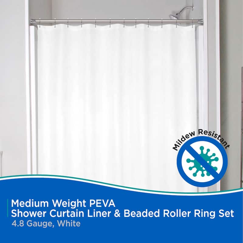 Kenney Medium Weight PEVA Shower Curtain Liner & Beaded Roller Ring Set, 70" W x 72" H
