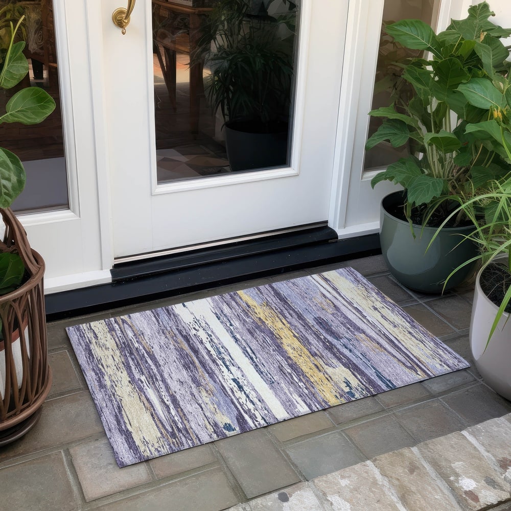 Machine Washable Indoor/ Outdoor Abstract Stripes Chantille Rug