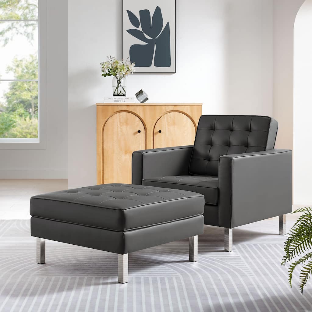 Loft Tufted Vegan Leather Armchair and Ottoman Set