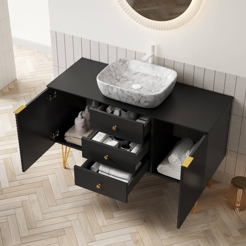 GDFStudio - Gema 48" Freestanding Bathroom Vanity with Black Sintered Stone Top, Gold Legs & Ceramic Basin - White Marble