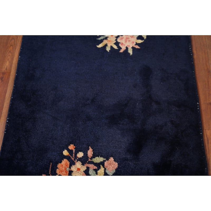 Navy Blue Floral Art Deco Chinese Accent Rug Hand-Knotted Wool Carpet - 2'0"x 3'11"