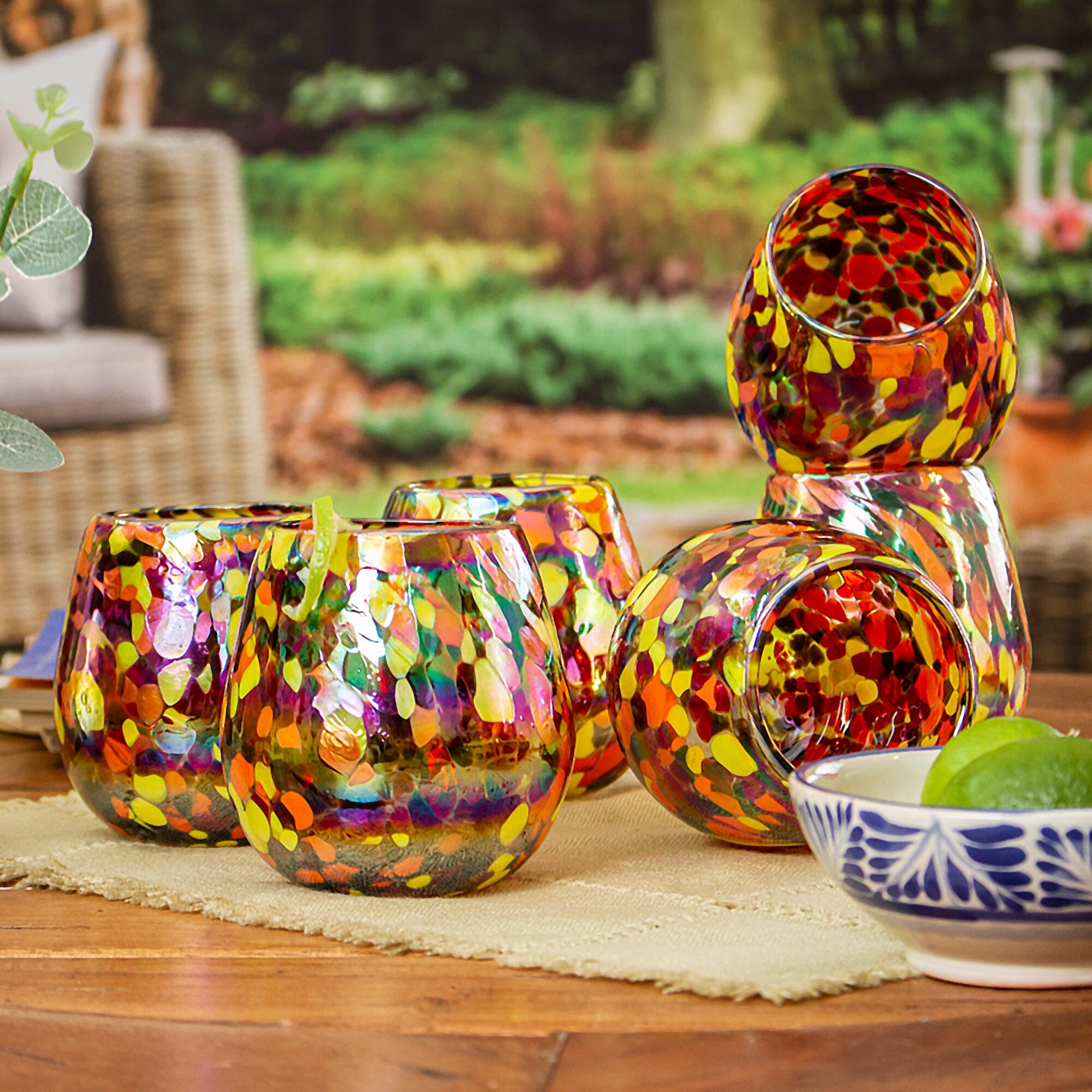 Artisan Handblown Stemless Wine Glasses (Set of 6) - Confetti Festival