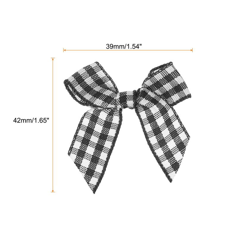 50Pcs Mini Gingham Ribbon Bow 1.5" Checkered Fabric Satin - Black and White