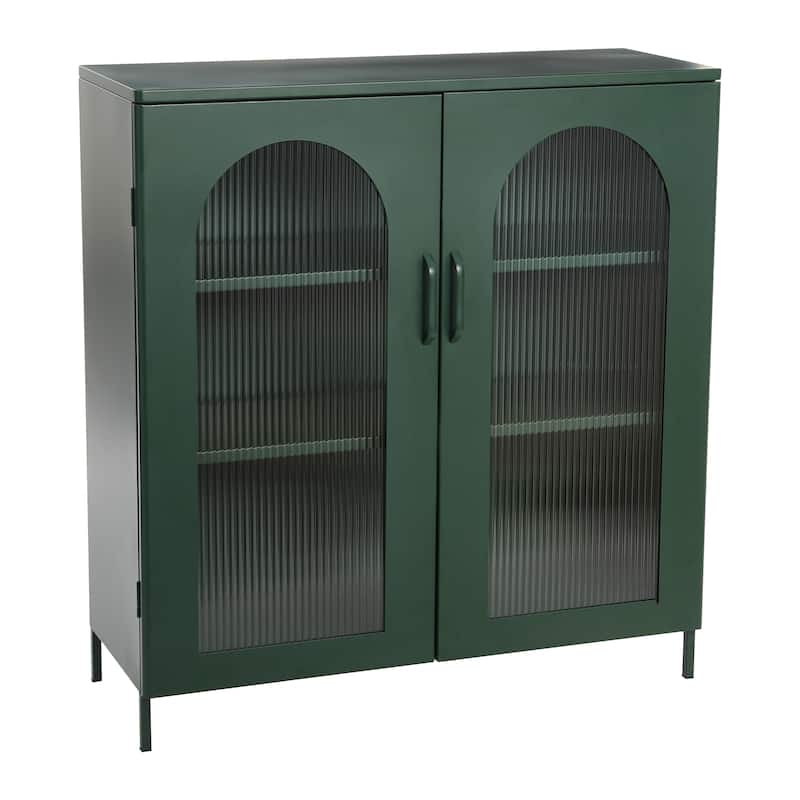 Metal Cabinet with 2 Arched Glass Doors - Dark Green
