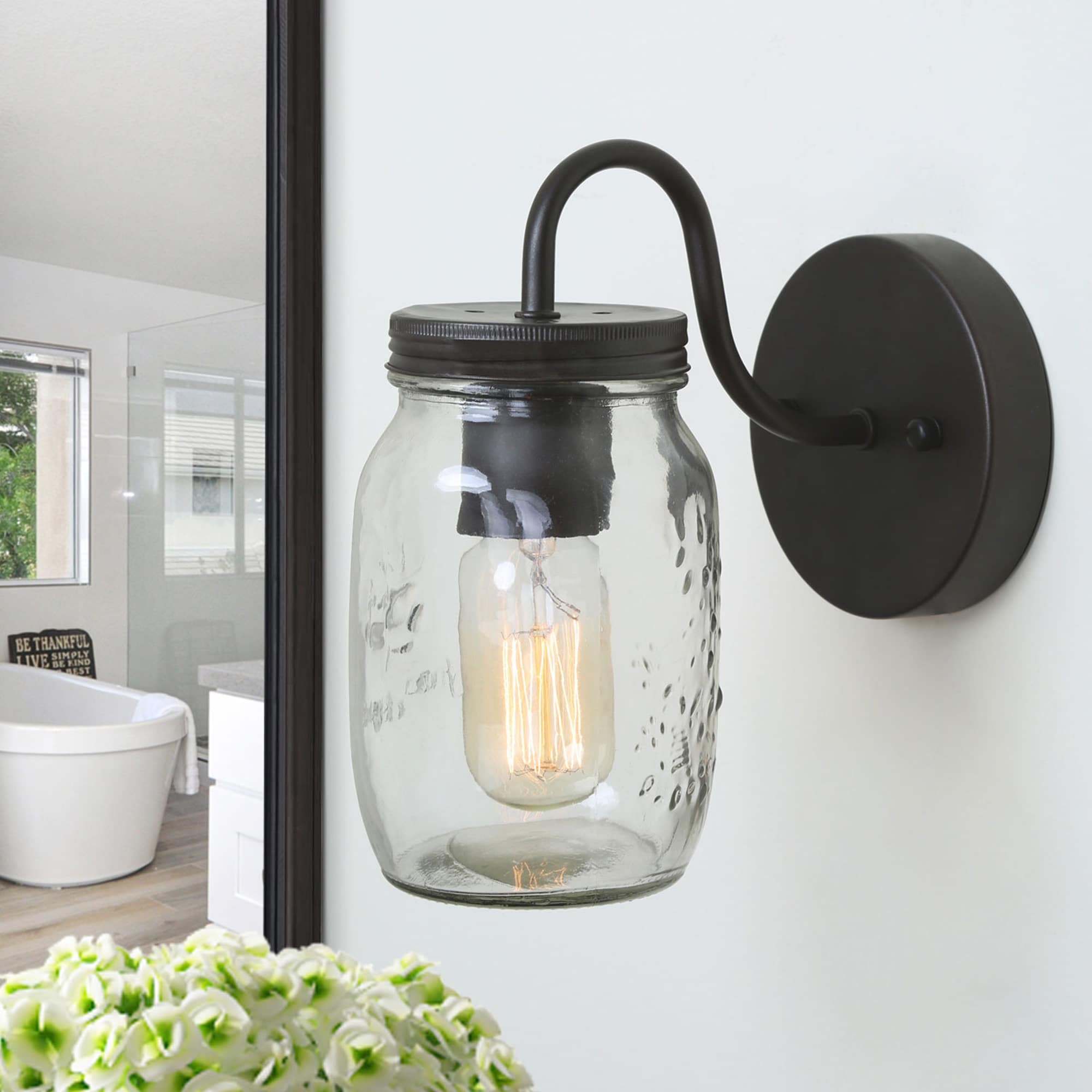 Outdoor Mason Jar Wall Sconce Black Wall Latern Lighting - W4.75" x E7" x H8.75"