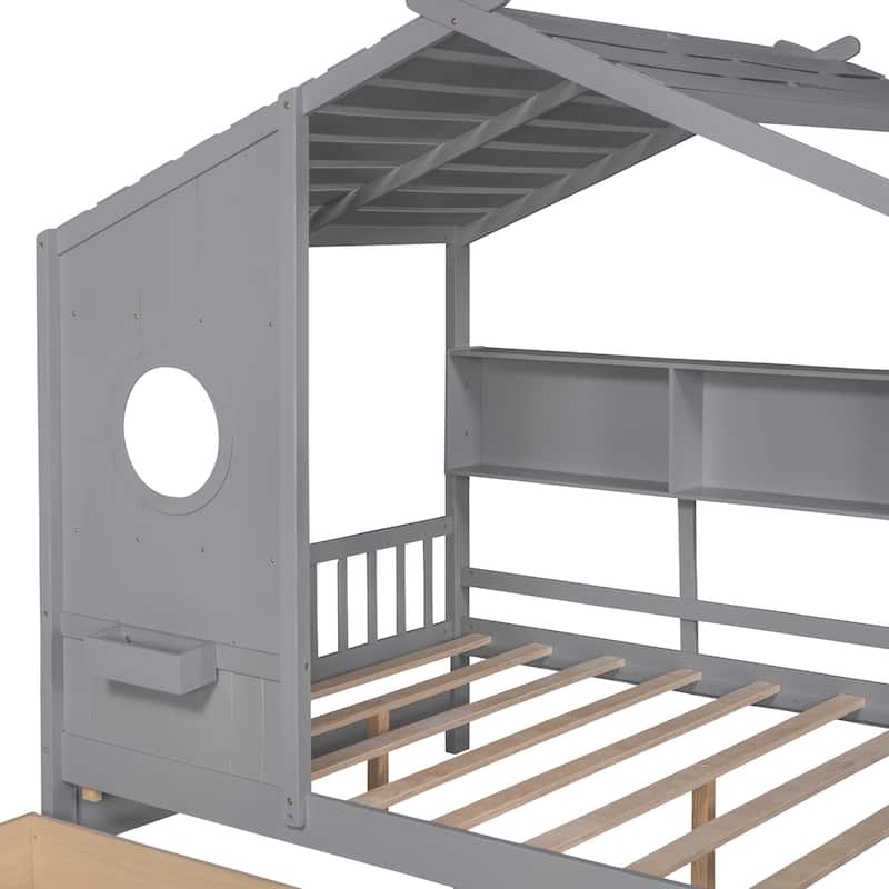 Full Wooden House Bed with Roof, Drawers, and Shelf