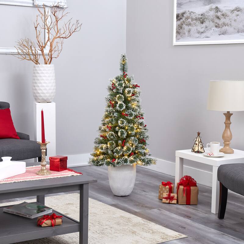 50" Frosted Swiss Pine Artificial Christmas Tree with 100 Clear LED Lights and Berries in White Planter