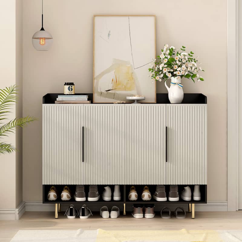 Shoe Cabinet with 4 Doors Large Shoe Storage Organizer Cabinet with Adjustable Shelves for Entryway Black Shoe Rack Cabinet - Off-White+Black