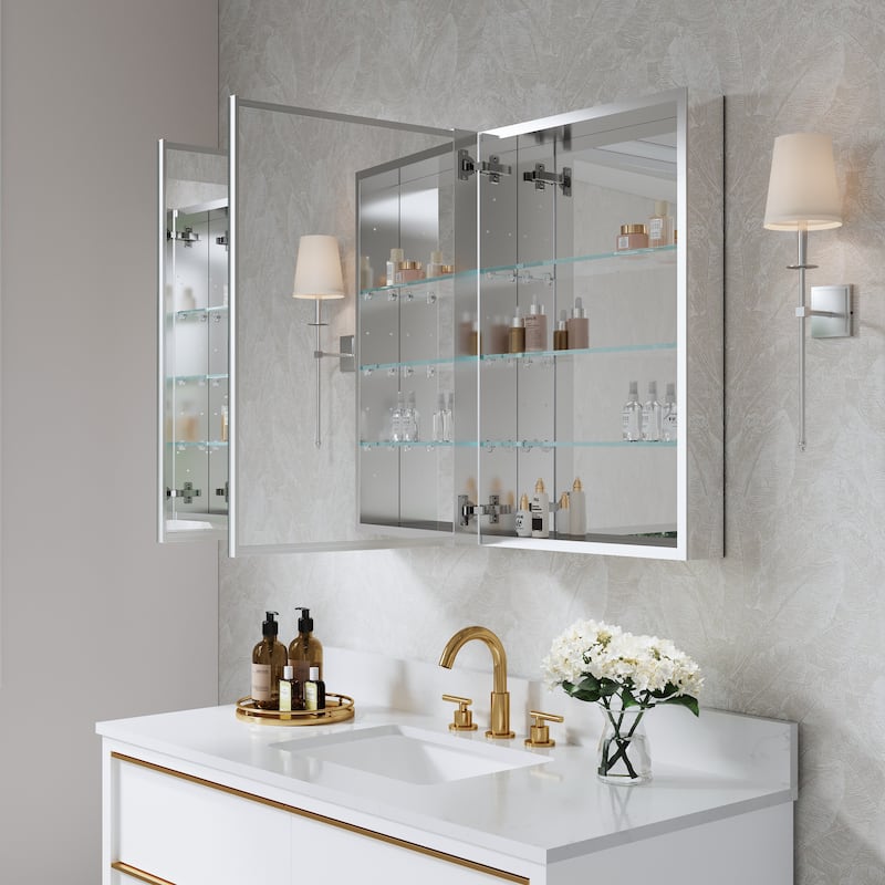 36''W X 30''H Recessed Or Surface Wall Mount Bathroom Medicine Cabinet With Adjustable Glass Shelves