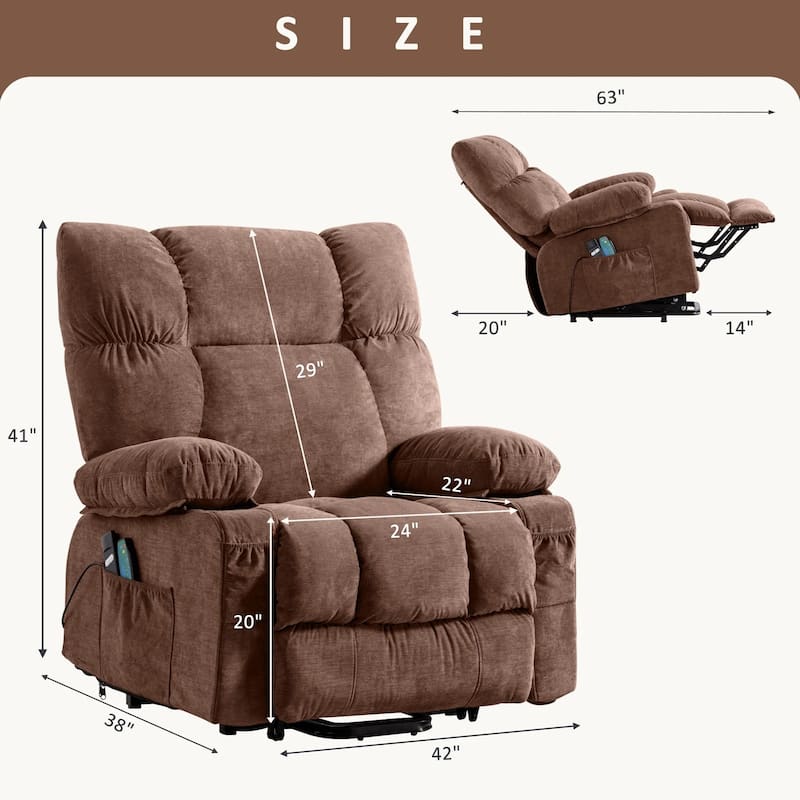 Blue Power Lift Recliner with Heat, Massage, USB Charging, Side Pockets, and Remote Control for Convenience