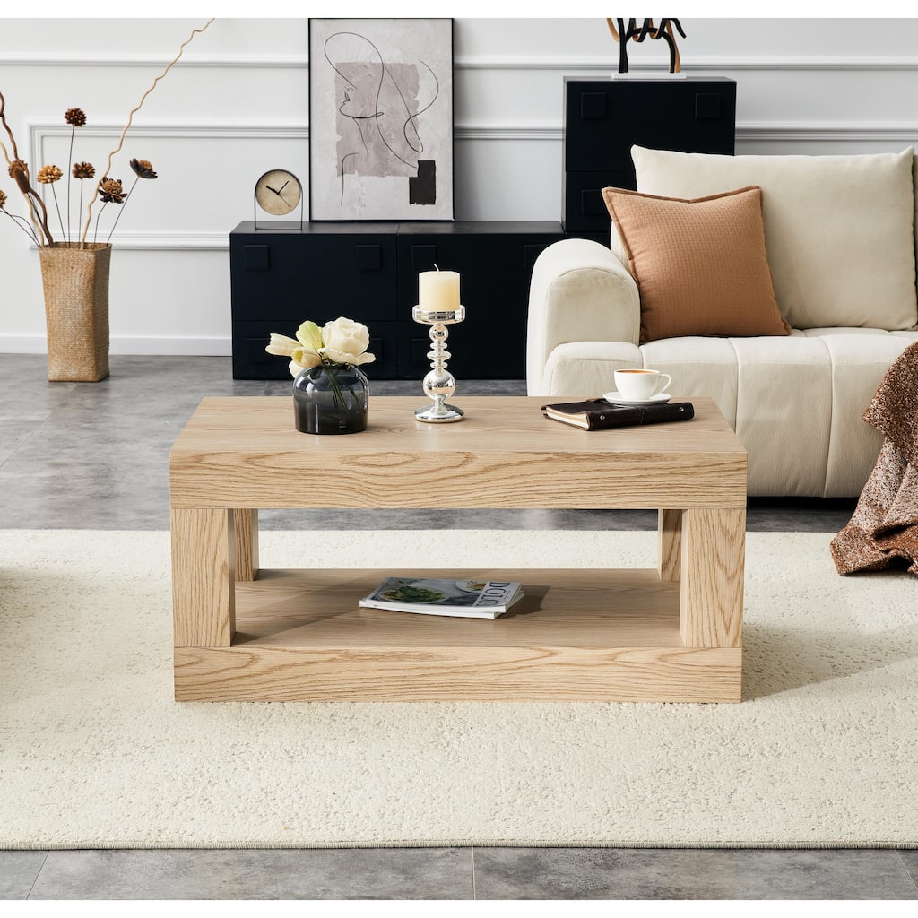 2-Tier Coffee Table Rectangular Center Table with Open Storage Shelf, Natural Sofa Table Side Table End Table