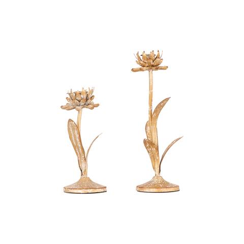 Cut Metal Flower Shaped Taper Candleholder in Distressed Gold Finish