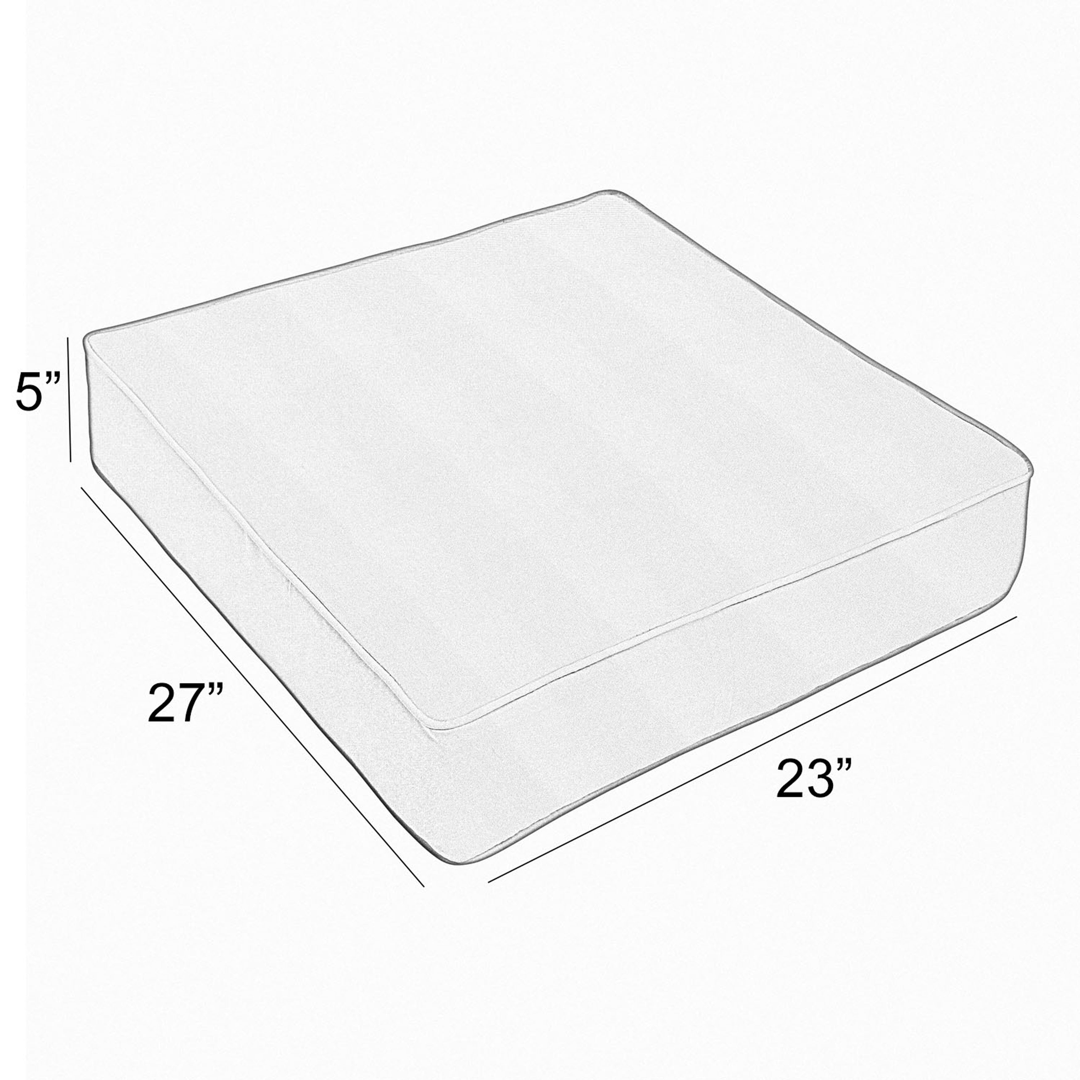 Mattress with dimensions 25 inches by 5 inches by 23 inches, outlined on white background