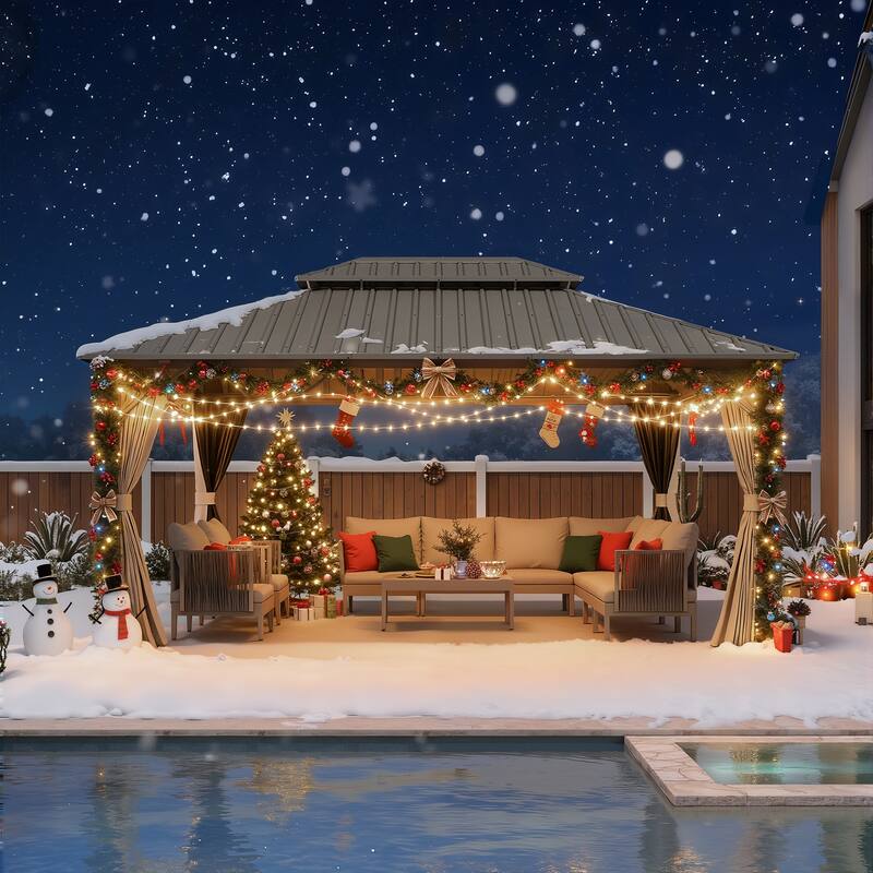 PURPLE LEAF Outdoor Hardtop Gazebo Champagne Metal Frame Galvanized Steel Double Roof with Curtains and Netting for Poolside