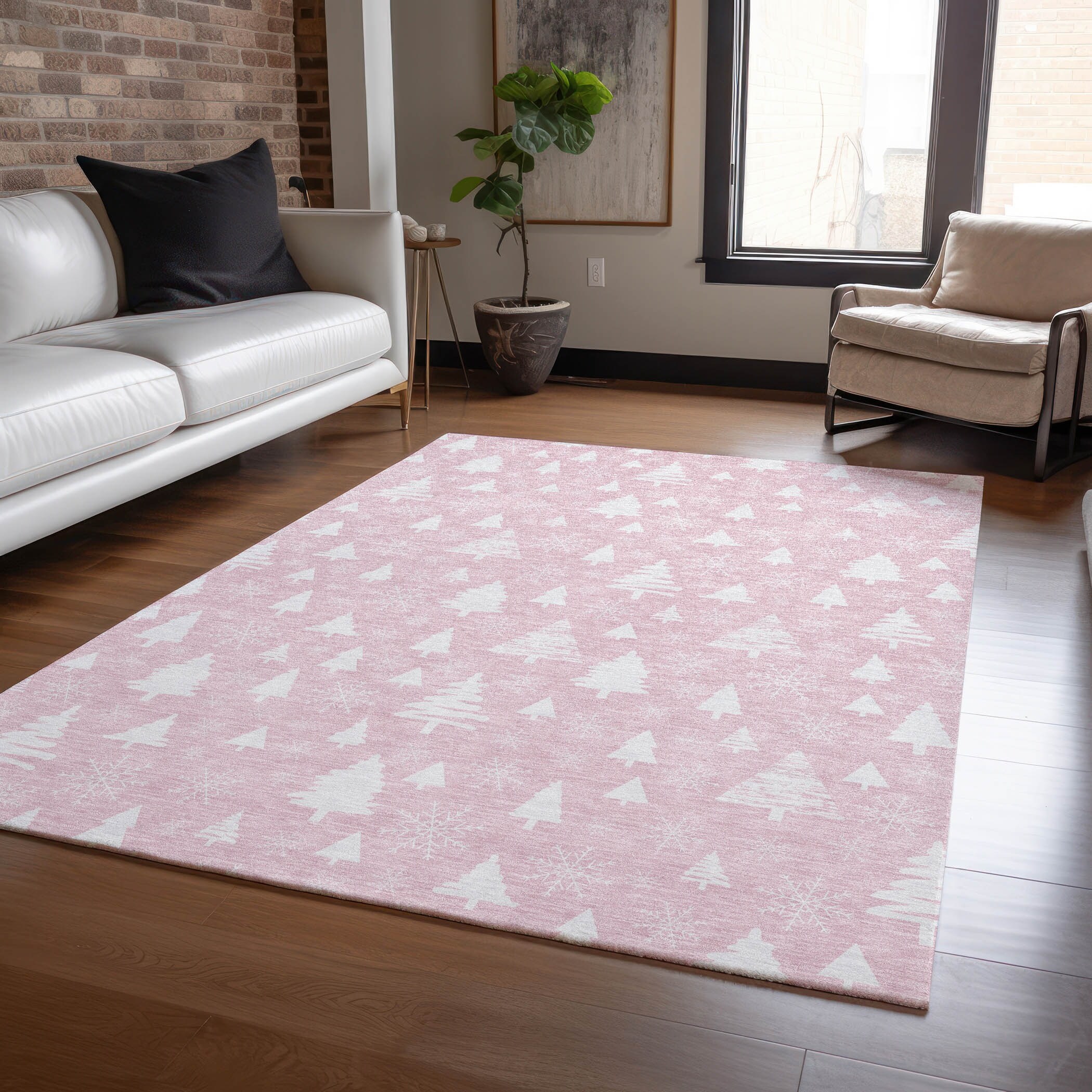 Machine Washable Indoor/ Outdoor Christmas Tree Snowflake Chantille Rug