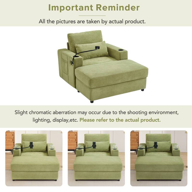 Chaise Lounge Sofa Couch with a Movable Storage Ottoman, Two USB Ports, Two Cup Holders, a Phone Holder，Side Pockets