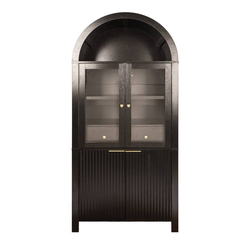 71" Tall Fluted Arched Pantry Cabinet with Glass Doors and Adjustable Shelves for Elegant Kitchen Storage