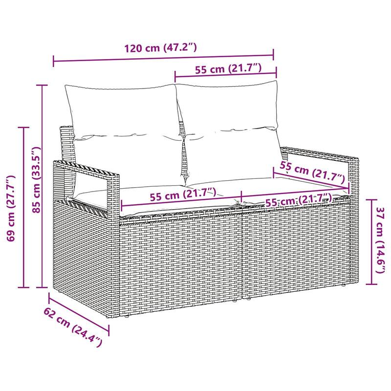 vidaXL 2-Seater Garden Sofa with Cushions Black/Brown/Grey Poly Rattan - 24.4 x 47.2 x 27.2