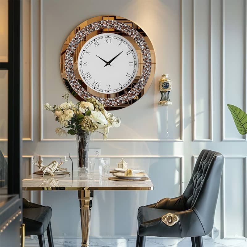 Glam Crush Diamond Inlay Round Wall Clock Decorative Mirror Clock