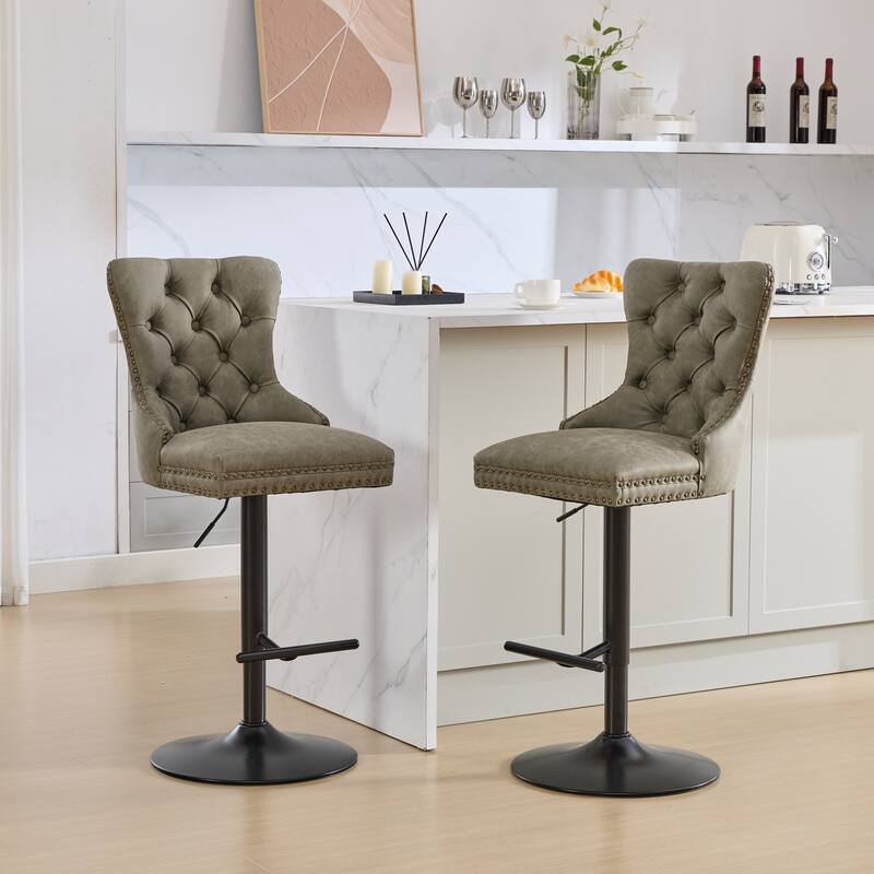 Aged and Retro PU Swivel Barstools Adjusatble Seat Height from 25-33 Inch,Bar Stools with Backs Comfortable Tufted(Set of 2)