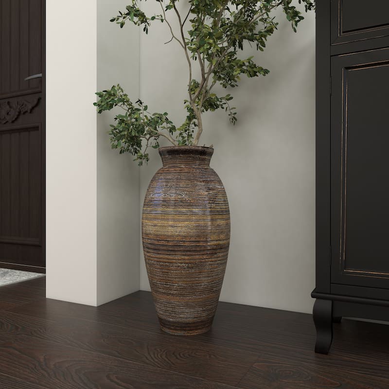 Brown Bamboo Wood Textured Decorative Vase with Lacquer