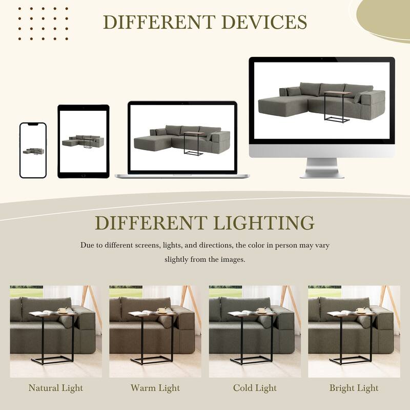 Modular Sectional Sofa with Side Table, Upholstered Cloud Sofa with L-Shaped Chaise Lounge, Full-Compressed Deep Seat Sofa