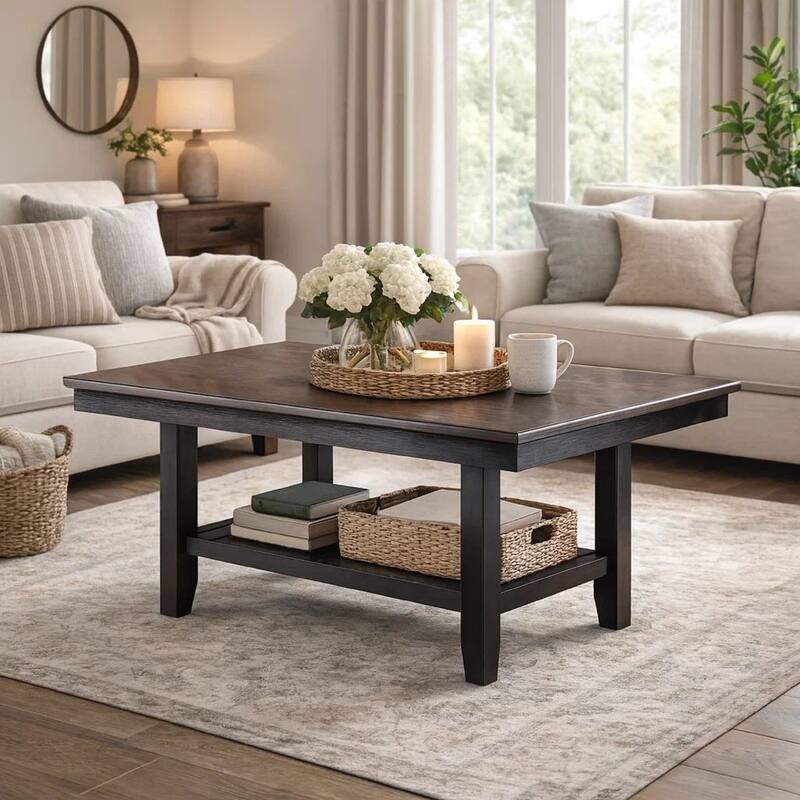 Dining Table with Rectangular Wooden Top and Open Shelf, Dark Brown