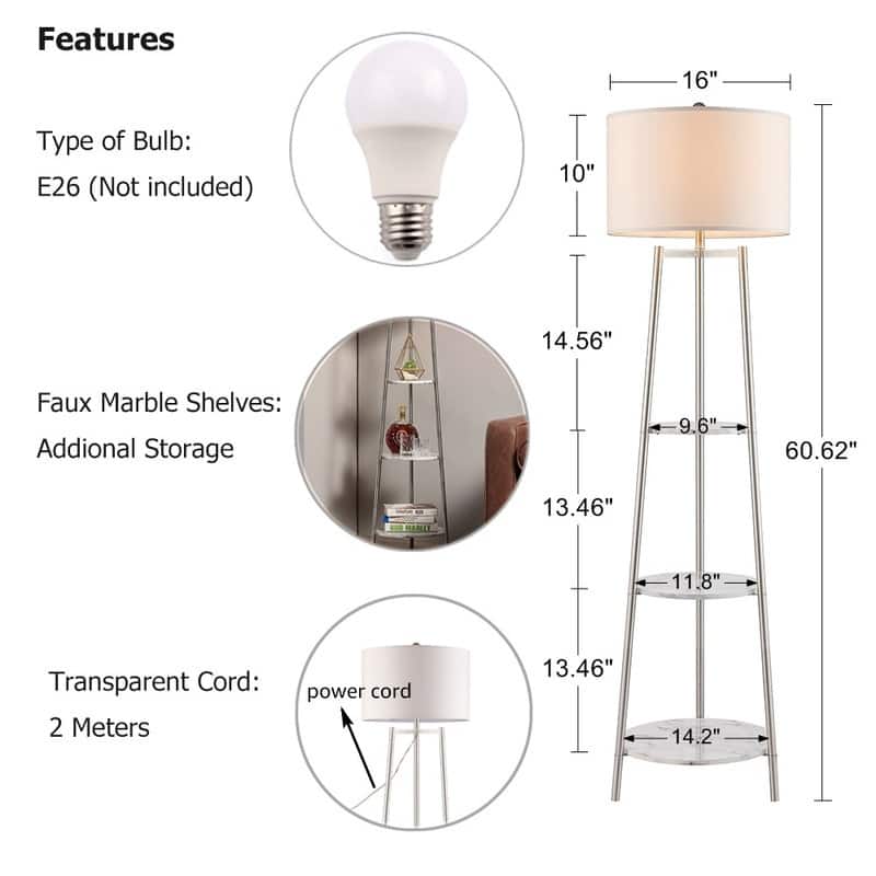 ROSEN GARDEN Floor Lamp, Standing Reading Light with 3 Shelves