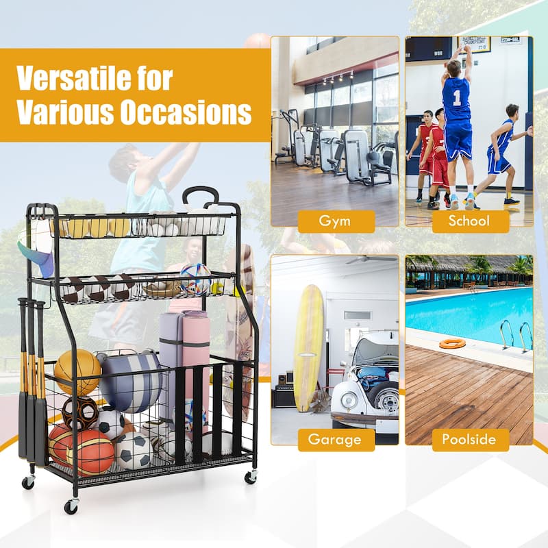 Gymax Garage Sports Equipment Organizer w/ Wheels Hooks & Baskets for
