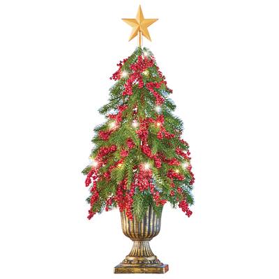LED Lighted Red Berry Accented Tabletop Christmas Tree - 24.800 x 9.500 x 9.250
