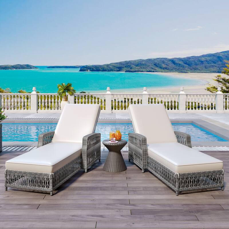 2 Pieces Outdoor Wicker Lounge With Armrests,Patio Adjustable Recliner With Soft Removable Cushions - Beige+Grey