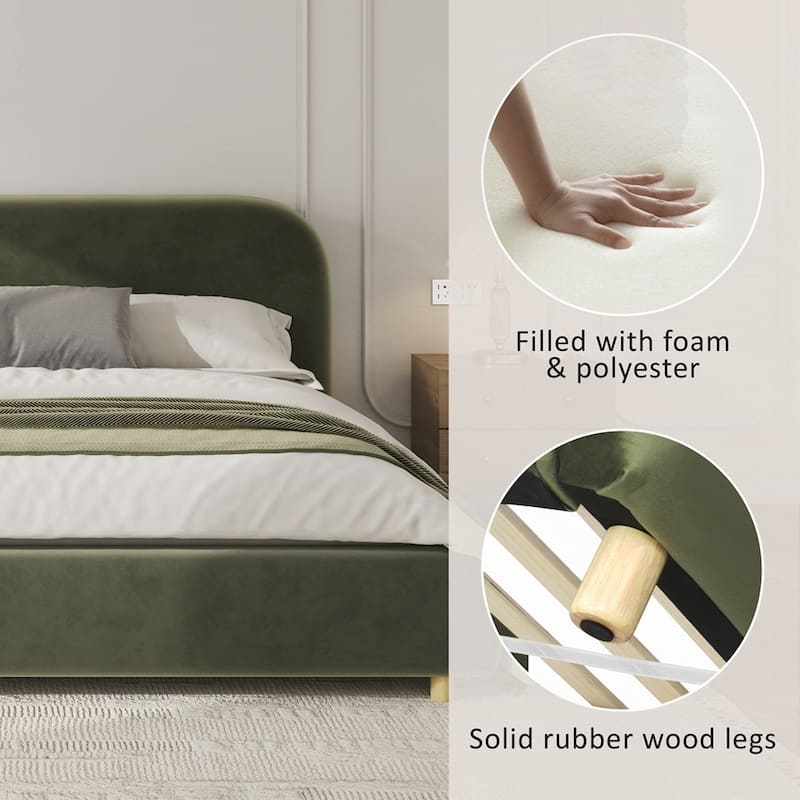 Upholstered Platform Bed with Curve-Shaped Design Headboard