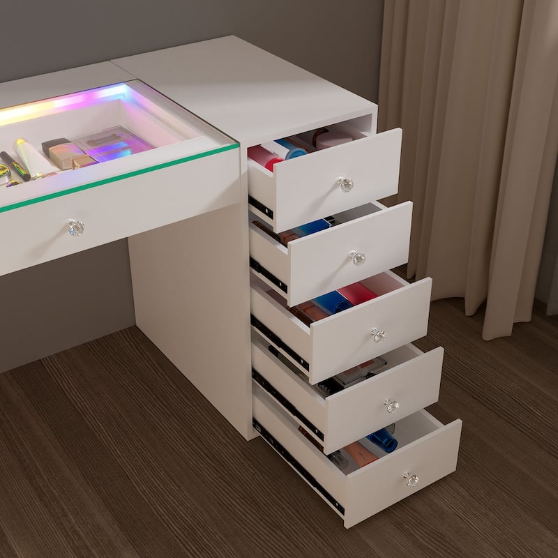 51.2" Vanity Desk with RGB LED Light Strip, Glass Top Vanity with 11 Drawers, Large Dressing Table with 6 Color Lighting Modes
