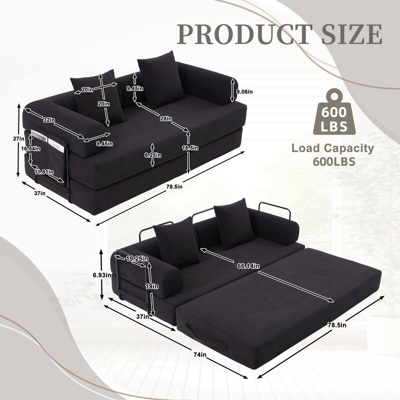 Foldable Modular Couch Sleeper Loveseat Sofa Bed with Storage Side Pocket, Detachable Metal Frame and Corduroy Fabric Cover
