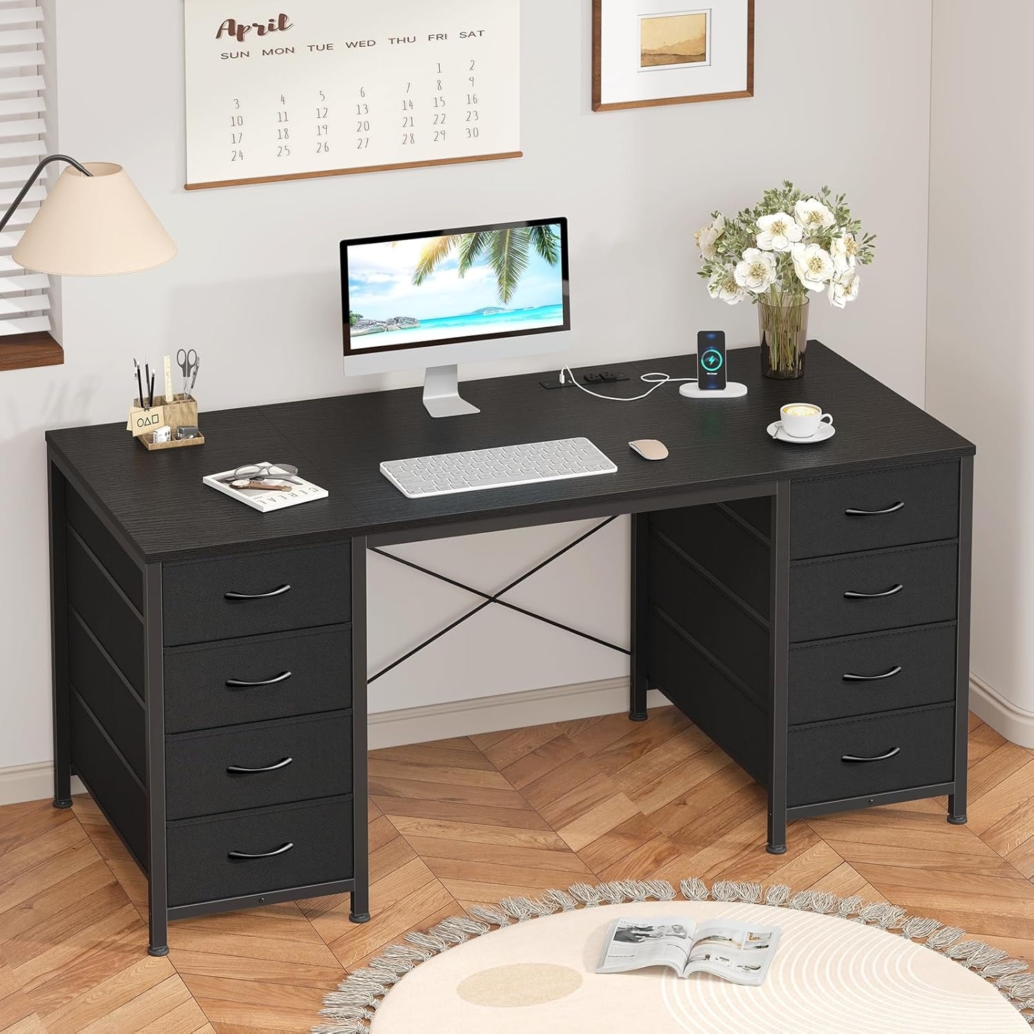 50 Inch Office Desk with 8 Fabric Drawers, Integrated Power Strip, Durable MDF Board, Easy Assembly, Black