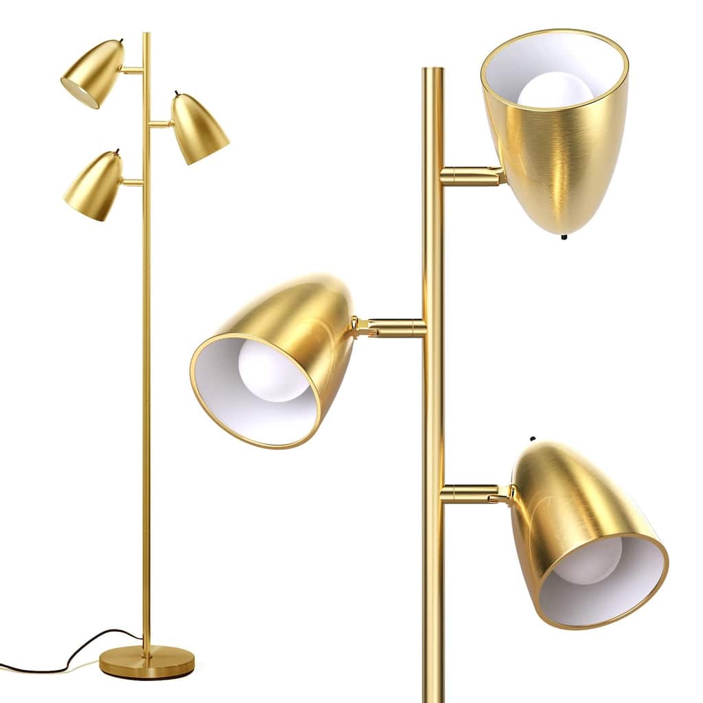 Tree Floor Lamp with 3 Adjustable Rotating Lights and Matching LED Bulbs, Standing Tall Pole Lamps - Gold