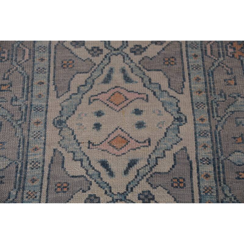 Hand Knotted Oriental 100% Wool Carpet Transitional Geometric Beige & Ivories Oushak Runner Rug - 14' 11'' X 3' 2''