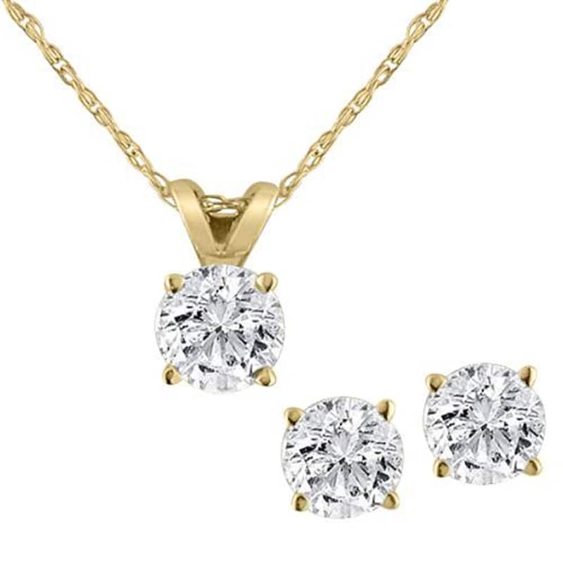 Yellow Gold 1.00 Ct Diamond Pendant and Earring Set with 18" Chain