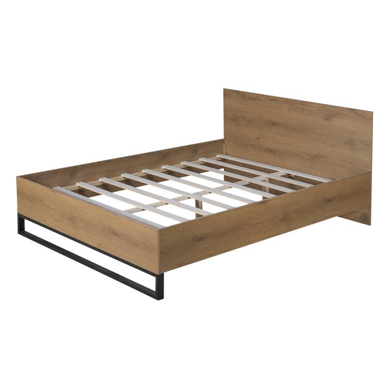 Solid Wood Rustic Platform Bed with Headboard, Wooden and Metal Bed Frame, Wood Slats Support, No Box Spring Needed