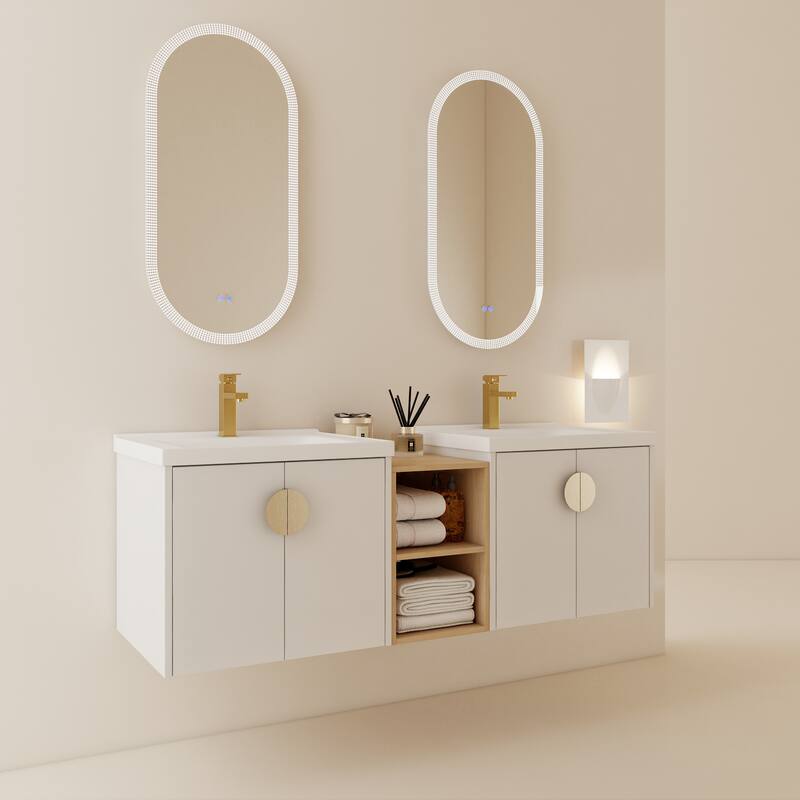 59.6-Inch Wall-Mounted Vanity with Scratch-Resistant Plywood Base and Two Ceramic Basins - 59.6in L